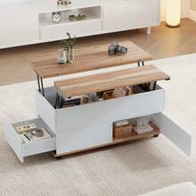 *98*65cm Coffee Table Height Adjustable Coffee Table With Hidden Storage And Shelf, Living Room Table With Wheels And Drawers, Multifunctional Dining Table With Large Storage, White + Natural Woodfa - 1 - View 7