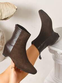 Women's Fashion New Chunky Heel Boots, High-Quality Versatile Premium Side Zipper Front Lace-Up Mid-Calf Boots - Coffee Brown - View 2