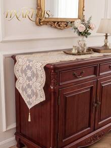 HXARTMIS 1PC French Vintage Mesh Embroidered Table Runner, Gold & White Daisy Paisley Lace Tablecloth With Tassel Pendant, Romantic Luxury Dining Table & Coffee Table Decor Cloth - Brown - View 3