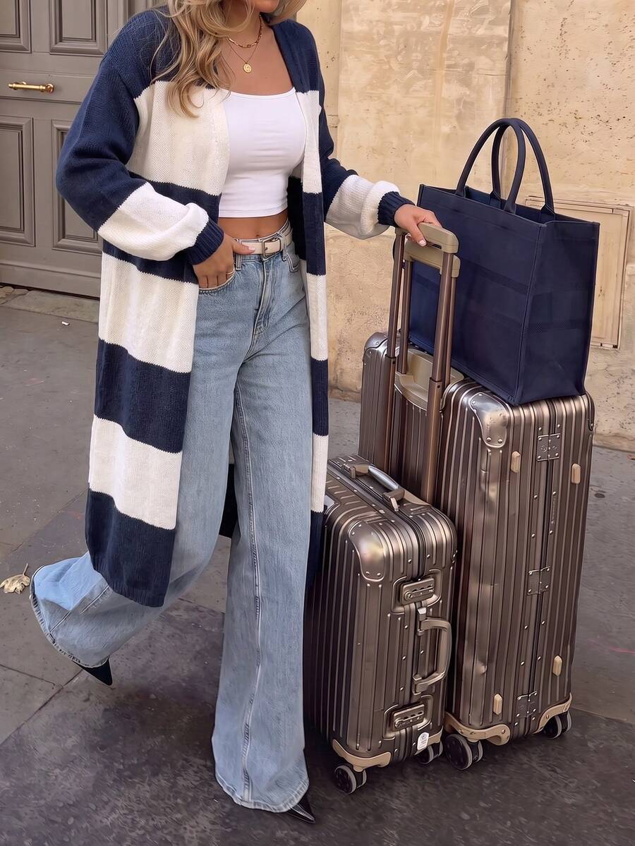 Live To Mo Women's Color Block Striped Hollow Out Long Knit Cardigan, Lantern Sleeve Long Sweater Jacket, Suitable For Autumn Back To School, Daily Casual Outings - Blue and White Stripes - View 1