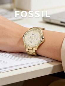 Fossil Women's Quartz Chronograph Watch, Gold-Tone Case, Crystal Bezel, Champagne Dial, Stainless Steel Bracelet, Luxurious & Eye-Catching, Formal Evening Accessory - White - View 1