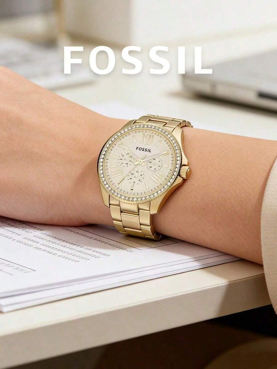 Fossil Women's Quartz Chronograph Watch, Gold-Tone Case, Crystal Bezel, Champagne Dial, Stainless Steel Bracelet, Luxurious & Eye-Catching, Formal Evening Accessory - White - View 1