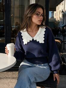 Fall Navy Ruffle Collar Knit Sweater For Women Color Block Long Sleeve Pullover Elegant Casual Autumn Outfits Going Out Daily Wear - Multicolor - View 10