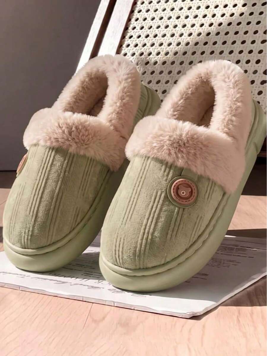 New Full-Coverage Bear Plush Slippers Couple Style, Thermal Lined Thickened Indoor Slippers, Warm And Comfortable For Winter, Suitable For Outdoor Wear, Fuzzy Slippers - Green - View 1