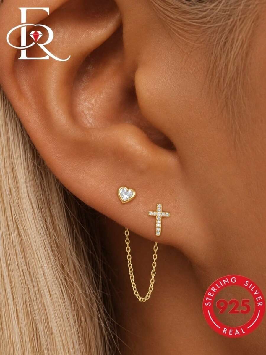 1PC 925 Sterling Silver Heart Cross Stud Earrings Crystal Rhinestone Tassel Threader Chain Dangling Drop Cartilage Earring Ear Jewelry Gifts