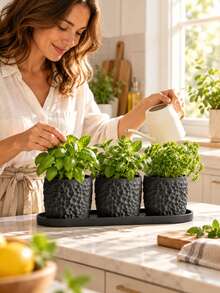 3pcs Indoor Plant Pots Set With Drainage Holes And Trays, Modern Textured Planters For Indoor Greenery, Succulents, Herbs, Cacti, Pothos And Other Small Plants, Suitable For Windowsill, Desktop, Shelf, Living Room, Office And Garden Decor - Multi-color - View 7
