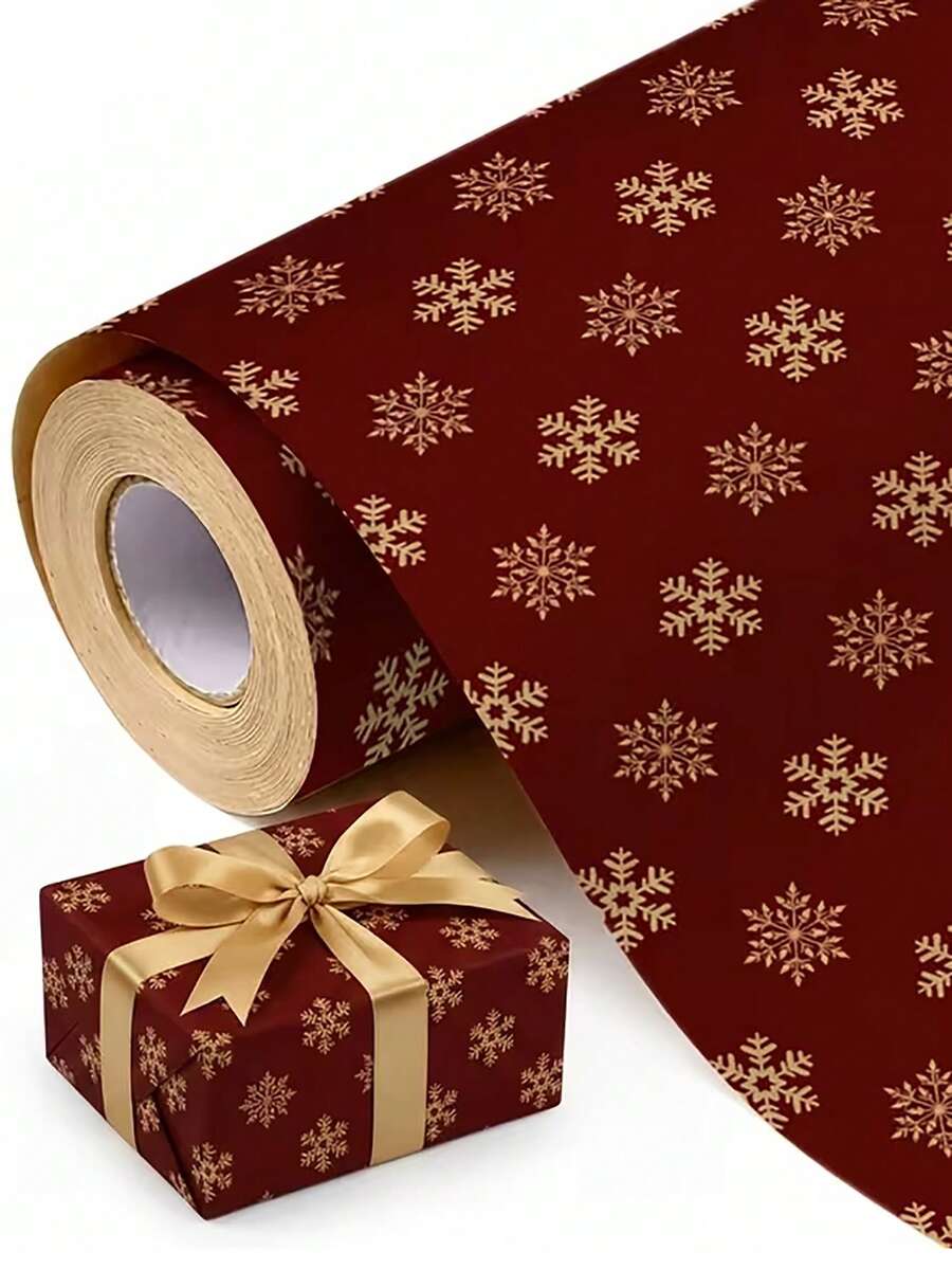 1 Roll Burgundy Gold Snowflake Christmas Gift Wrapping Paper, Vintage Red Kraft Paper Holiday Gift Wrapping Paper, Perfect For Christmas Gifts And Winter Party Decor - Red - View 1