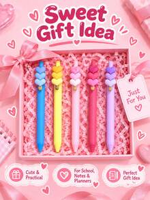 5pcs Cute 3D Heart Decoration Retractable Ballpoint Pens, Candy Color Girly Stationery Set, Creative Sweet Multicolor Pens, Suitable For Students Learning, Office Writing, Journaling, Valentine's Day Gift And Birthday Gift. - Sets - View 7