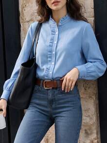 minisummer Women Elegant Fall Ruffle Stand Collar Shirt, Long Sleeve Button Down Blouse, Fall Clothes For Women, Vacation Outfits Women - Light Wash - View 6