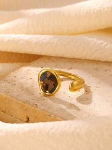 1PC Bohemian Irregular Adjustable Ring 18K Gold Plated Natural Green Chip Stone Stainless Steel Stackable Women Finger Ring Christmas Jewelry Gift - Multicolor - View 4
