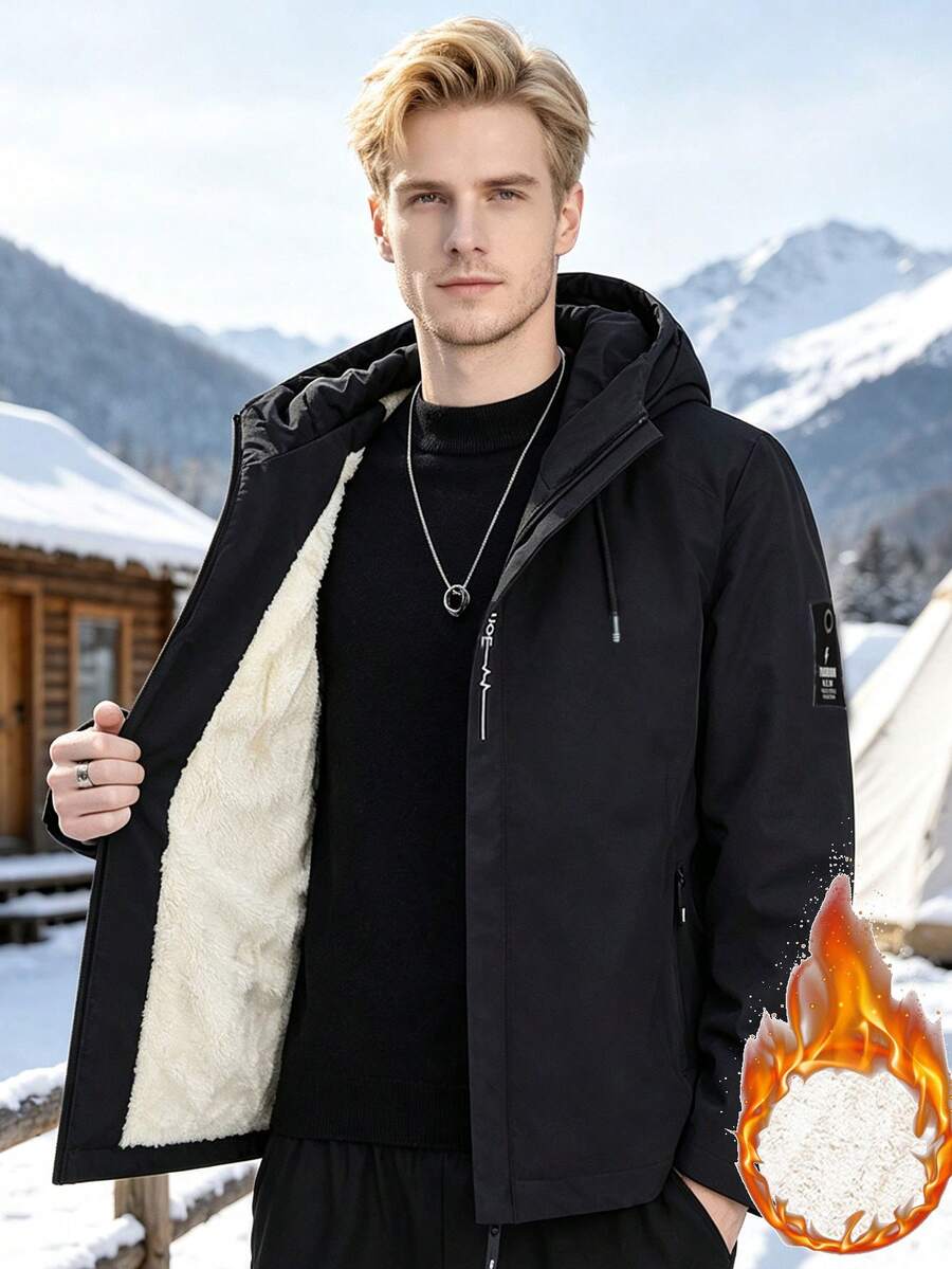 男士冬季戶外保暖內裡夾克外套,時尚連帽加厚防風衣,適合戶外登山、釣魚與日常穿著 - 黑色 - 查看 1