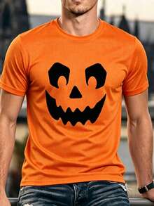 Homme Camiseta de manga corta de cuello redondo casual con estampado de linterna de calabaza de estilo americano para Halloween y ribete de contraste para hombres - Naranja - Ver 8