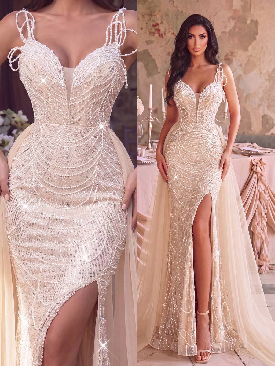 Elegant Women's Sleeveless Spaghetti Strap Mermaid Long Dress, Embellished With Sequins, Beads And Pearl Details, Suitable For Formal Occasions And Balls