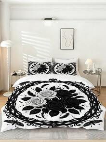 3PCS Gothic Style Romantic Rose Pattern Duvet Cover Set (1 Duvet Cover + 2 Pillowcases, Duvet/Pillow Inserts Not Included), Black And White Rose And Butterfly Print Bedding, Soft Polyester Fiber All-Season Washable Bedding Set, Available In Sizes: Extra Large, Large, Standard Double, Single. Suitable For Bedroom, Guest Room, School Dorm, Hotel All-Season - Multicolor - View 4