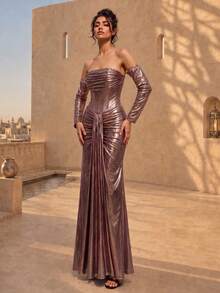 VIPGIRL Premium Glossy Strapless Evening Gown With Detachable Sleeves, Boning Corset, Pleated Mermaid Tail, Long Dress For Formal Party And Ball - Rust Brown - View 3