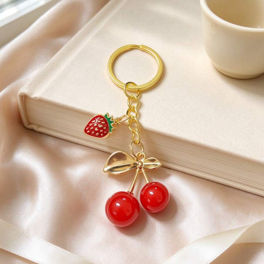 Gold Series Cherry Keychain, Red Strawberry Key Ring, Car Decoration, Gift Inspiration For Teachers, Friends, Sisters - Red - View 1