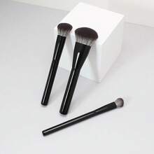 3pcs Soft Bristle Non-Powder-Absorbing Glossy Black High-Density Wooden Handle Slanted Brush Shape Antibacterial Synthetic Fiber Makeup Brush Set For Face Base Makeup, Blush, Concealer, Foundation, Beginner-Friendly Portable Even Powder Pickup - Black - View 6