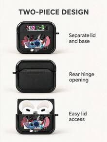 Miniso 迪士尼史迪奇質感TPU藍牙耳機保護殼，附1個同色掛鉤，適用於airpods1/2/3/4/5/pro/pro2/pro3，新款耳機防摔軟殼，男女通用 - 黑色 - 查看 4