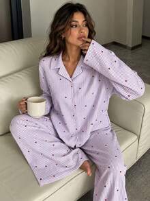 Nina Bonheur 2pcs/Set Women's Loose Comfortable Breathable Long Sleeve Top + Long Pants Cute Pajama Set - Mauve Purple - View 2