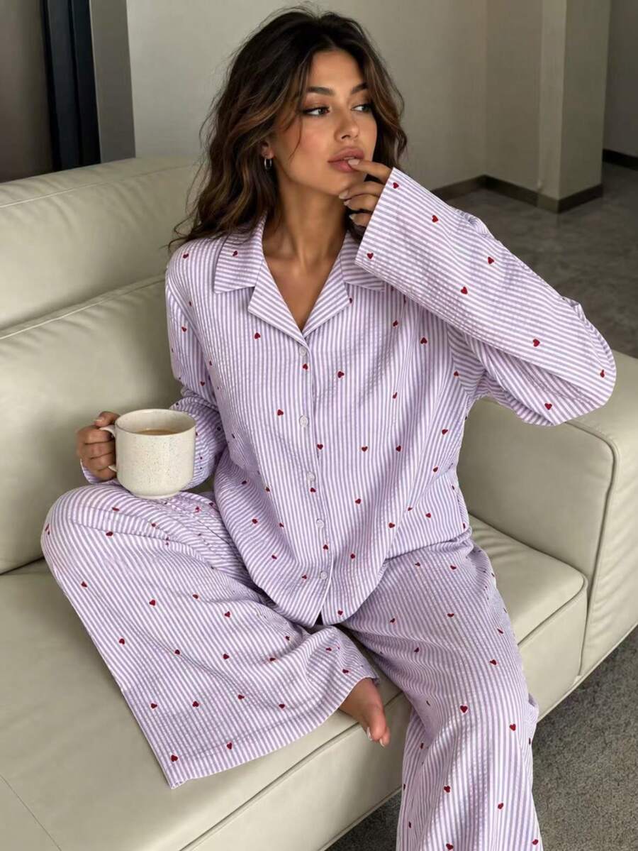 Nina Bonheur 2pcs/Set Women's Loose Comfortable Breathable Long Sleeve Top + Long Pants Cute Pajama Set