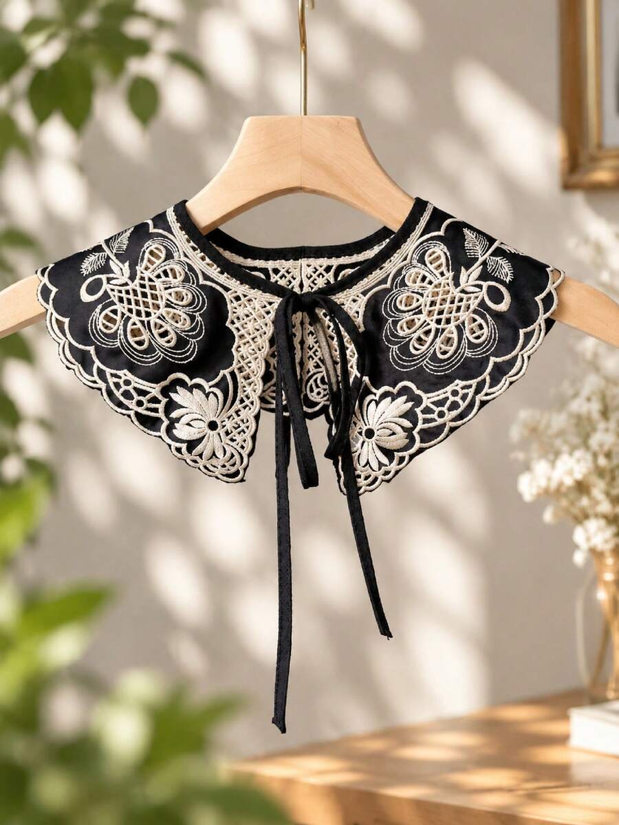 1pc Women's Floral Embroidered Detachable Fake Collar, Contrast Color Lace Bowknot Decor Collar, Suitable For Shirts, Dresses, Suits - Multicolor - View 1