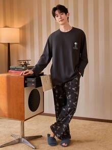Gongdie 2pcs Snoopy Men's Pajama Set, Autumn Grey Soft Cotton Loungewear With Pockets - Dark Grey - View 1