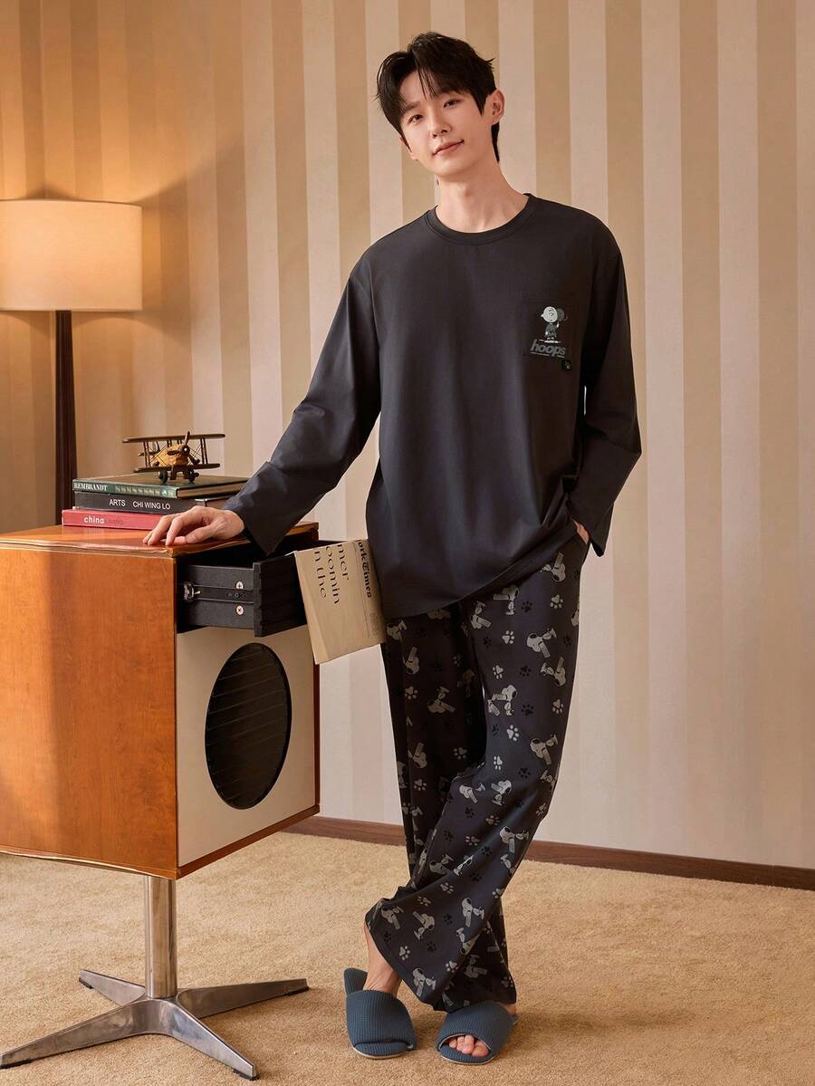 Gongdie 2pcs Snoopy Men's Pajama Set, Autumn Grey Soft Cotton Loungewear With Pockets - Dark Grey - View 1