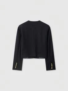 Women's Short Crew Neck Long Sleeve Old Money Style Wool Jacket - Navy Blue - View 2