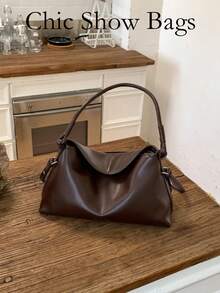 Women Dark Brown PU Shoulder Bag,Vintage Hobo Shape With Curved Handle & Side Buckles,Leather Texture,Retro Chic Style For Daily Commute,Work,Autumn - Coffee - View 2