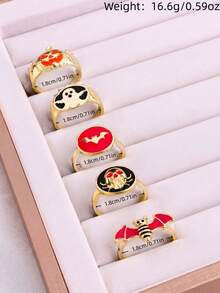 5pcs Gold Halloween Drip Oil Ring Set For Women, Hot Pink Gothic Skull Orange Pumpkin Ghost Bat Stackable Rings, Quirky Party Finger Jewelry - Multicolor - View 3