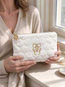 Gentle Luxury Quilted Plush Makeup Bag, Honeycomb Embossed 3D Design, Metal Embossed Logo Bee Zipper Pull, Large Capacity Soft Shock-Proof, Suitable For Commute, Short Trips, Home Storage, Self-Use And Gifting, GUERLAIN - White - View 6