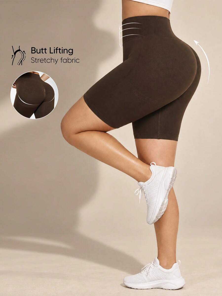 Women's Solid Color Tummy Control Lifting Shorts, Suitable For Yoga And Cycling - Coffee Brown - View 1
