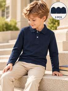 3pcs/Set Unisex Kids Classic Royal Blue Long Sleeve Polo Shirts, School Uniform Tops For Back To School, Suitable For Daily Wear, Performances And Group Activities - Royal Blue - View 5