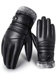 Men's PU Leather Winter Touchscreen Gloves, Faux Fur Collar Windproof Non-Slip Warm Driving Gloves With Adjustable Buckle - Black - View 1