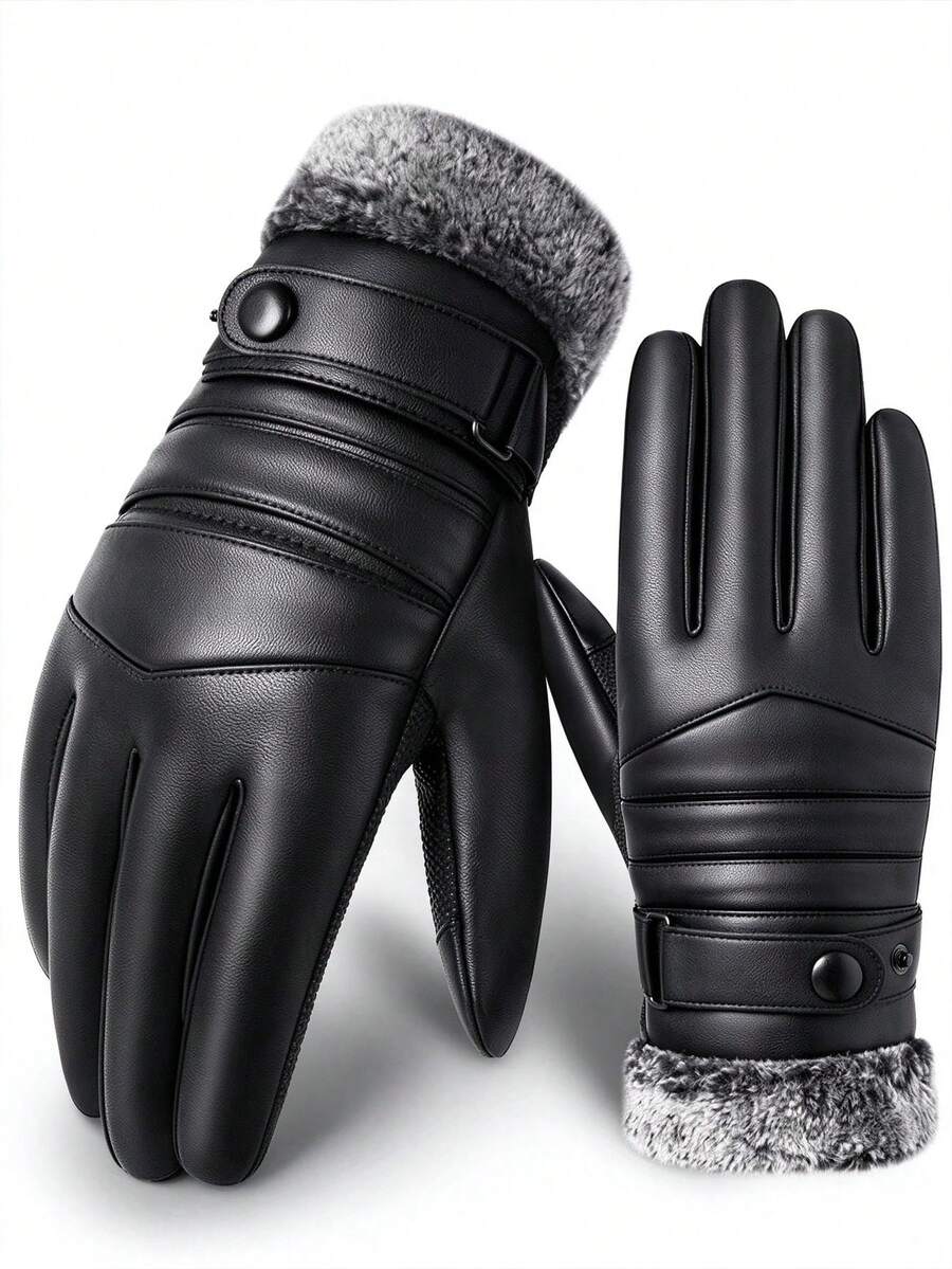 Men's PU Leather Winter Touchscreen Gloves, Faux Fur Collar Windproof Non-Slip Warm Driving Gloves With Adjustable Buckle - Black - View 1