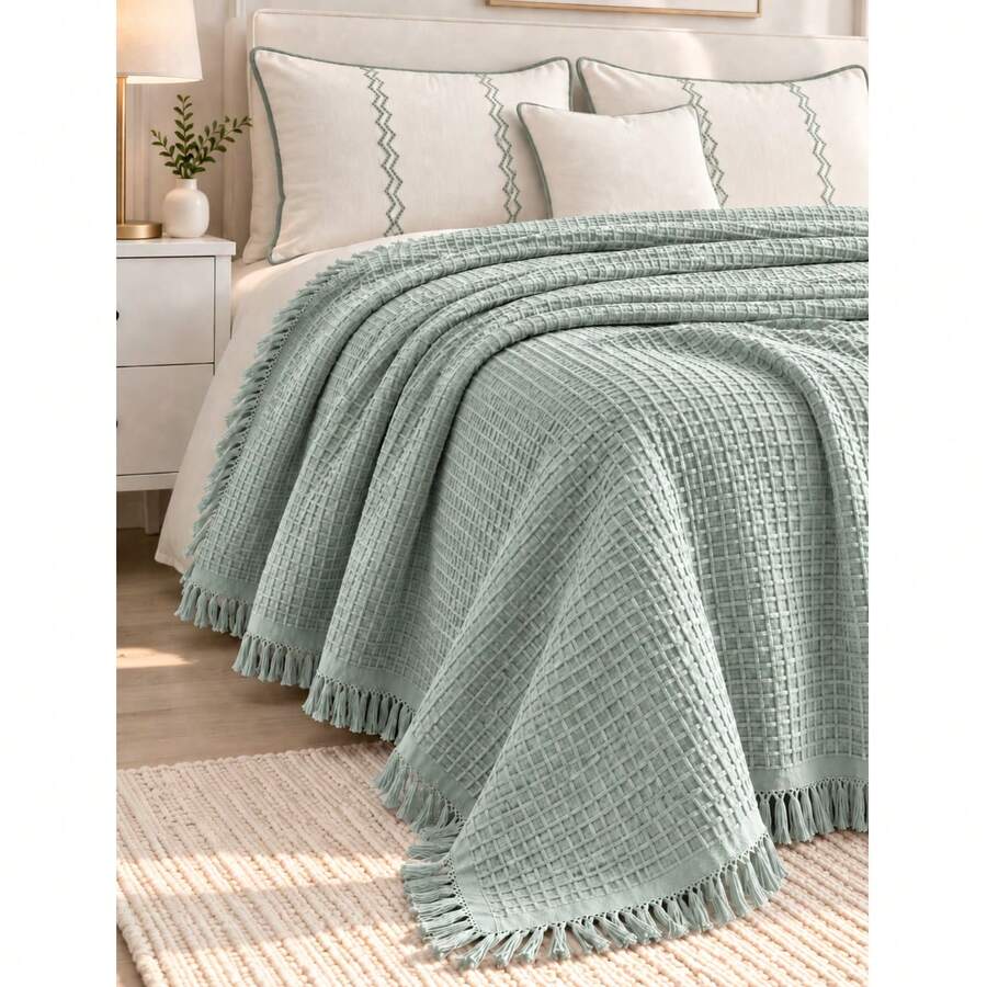 MADE IN TURKEY King Size Bedspread – 100% Cotton – 200x220 Cm – Breathable & Coverlet - Mint Green - View 1