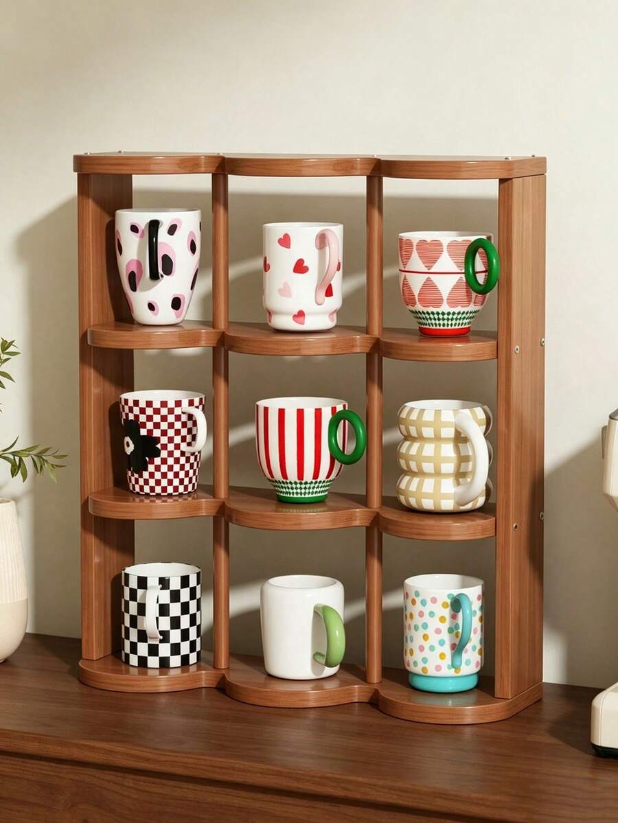 Minimalist 9-Slot Desktop Cup Holder Storage Rack, Mid-Century Style, Multi-Layer Home & Office Storage Organizer, Kitchen Supplies Home Storage Rack - Multicolor - View 1