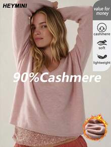 HEYMINI Autumn/Winter New Comfortable Cashmere Sweater, Women's Sweet Solid Color V-Neck Long Sleeve Knit Top, Suitable For Daily Wear - Baby Pink - View 3
