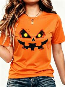 Homme Camiseta de manga corta de cuello redondo casual con estampado de linterna de calabaza de estilo americano para Halloween y ribete de contraste para hombres - Mostaza Amarilla - Ver 11