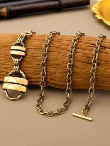 1pc European And American Vintage Burnished Gold Multi-Layer Ring Pendant Necklace, Luxury OT Clasp Twisted Chain Long Versatile Fashion Necklace - Bronze - View 3