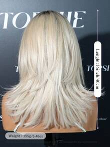 16 Inch Medium Length Straight Synthetic Wig For Women Shadow Root Platinum Ice Blonde Layered Hair With Face Framing Bangs Glueless Daily Wig - Silver-white - View 2