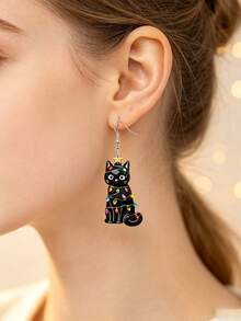 1 Pair Christmas Black Cat Dangle Earrings, Acrylic Cat Pendant With Colorful Holiday Lights, Eye-Catching Personalized Earrings For Holiday Parties - Black - View 5