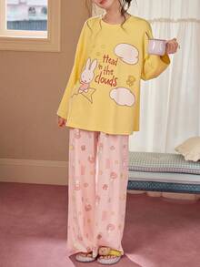 Gongdie MIFFY 2pcs/Set  Women's Pajama Set, Autumn Yellow Soft Cotton Loungewear With Pockets - Yellow - View 9