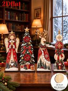 2D Flat, 4pcs Christmas Wooden Flat Decor Set, Including Angel, Christmas Tree, Reindeer, Christmas Ball Four Styles, Suitable For Desktop, Windowsill, Entryway, Display Window, Dining Table, Cafe, Christmas Home Decor, Perfect Gift For Family And Friends For Christmas And New Year - Multiple Styles - View 2