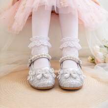 Girls' Lace Pearl Mary Jane Shoes, Bow Decor Flat Shoes, Princess Dress Shoes, Suitable For Weddings, Parties And Birthday Occasions - Silver - View 7