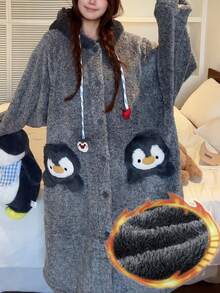 Gongdie Women Penguin Hooded Fleece Long Robe,Winter Gray Thick Plush Loungewear With Striped Drawstring And Pocket - Grey - View 8