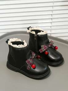 Girls' Boots, Korean Style Cute Lace Trim Strawberry Decor Comfortable Non-Slip Ankle Boots - Black - View 1