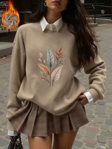 Women's Plus-Size Autumn Fallen-Leaf Print Knit Sweater – Camel, Long-Sleeve, Crew Neck, Drop-Shoulder, Regular Fit Stylish Top - Camel - View 1