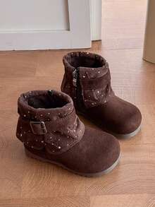 1 Pair Kids' Rhinestone Ankle Boots, Thermal Lined Warmth Lock, Side Zipper & Buckle Design, Soft Sole Anti-Slip Autumn/Winter Girls' Boots - Coffee Brown - View 4