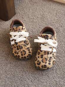 New Arrival: Kids' Shoes Leopard Print Retro Runner Style Sneakers With Contrast Side Stripe - Soft Non-Slip Sole, Hook And Loop Closure, Toddler Footwear - Khaki - View 3